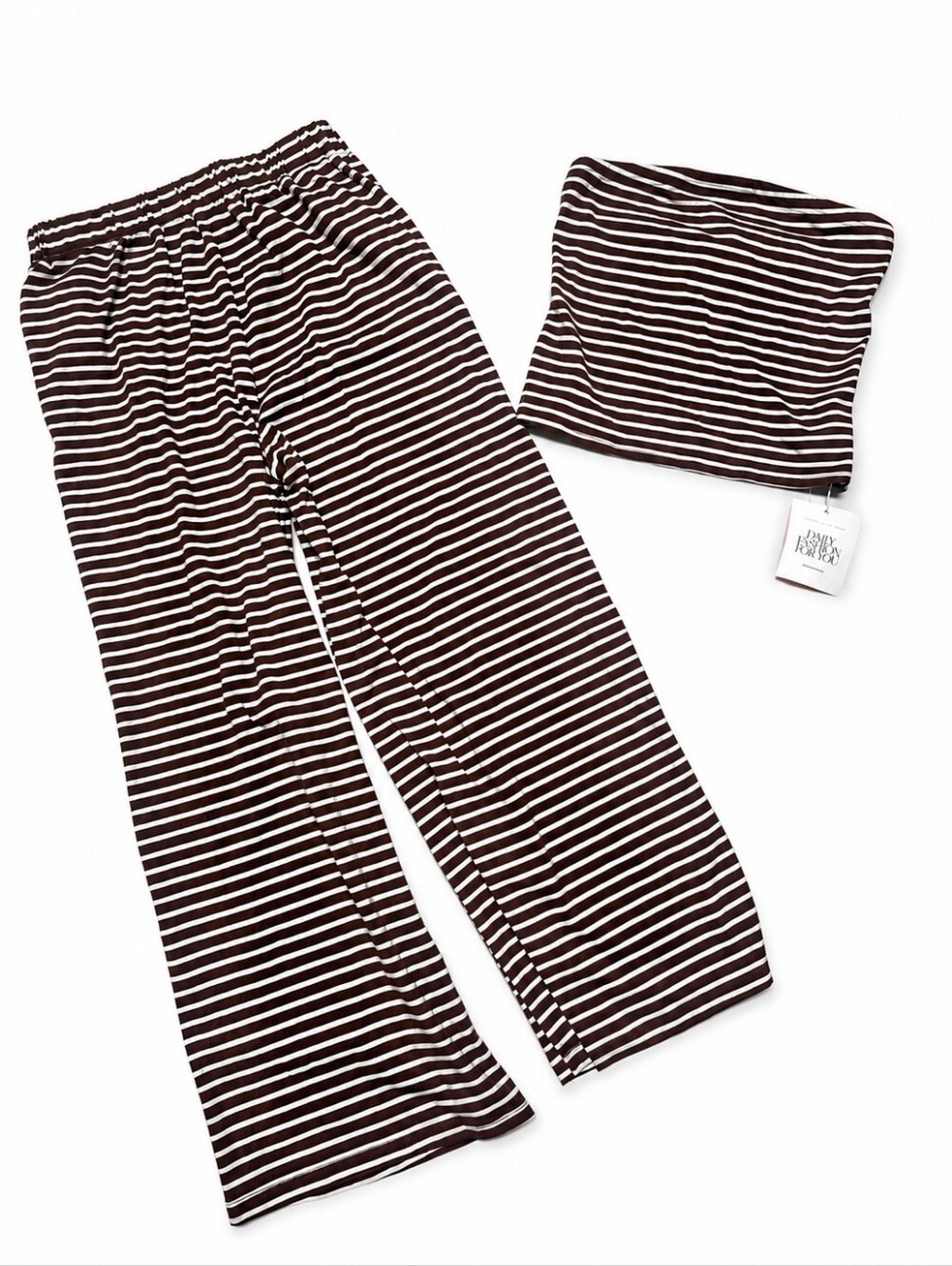 Tankaneo Brown White Striped 2 Piece Tube Top Wide Leg Pants Set Medium NWT - Picture 7 of 10